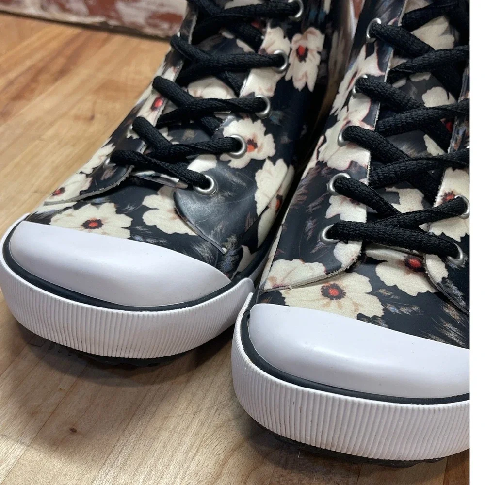 Rocket Dog Floral Rain Boots Black White High Top Sneaker Boot Women 8.5